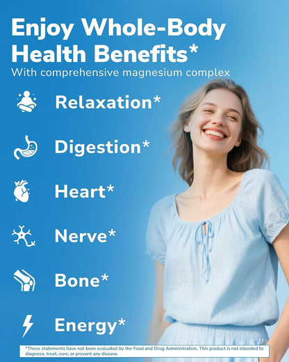 Vitalibre 12 in 1 Magnesium Complex 500mg for Women Men, 120 Vegan Capsules | Max Absorption Chelated Magnesium Glycinate Citrate Malate & More for Bone, Nerve & Digestive Support | Non-GMO