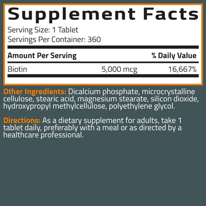 Bronson Biotin 5,000mcg Hair Skin and Nails Vitamins, 360 Tablets | Vegetarian Beauty Support, Non-GMO, Gluten-Free, Soy-Free, Supports Healthy Hair, Skin and Nails