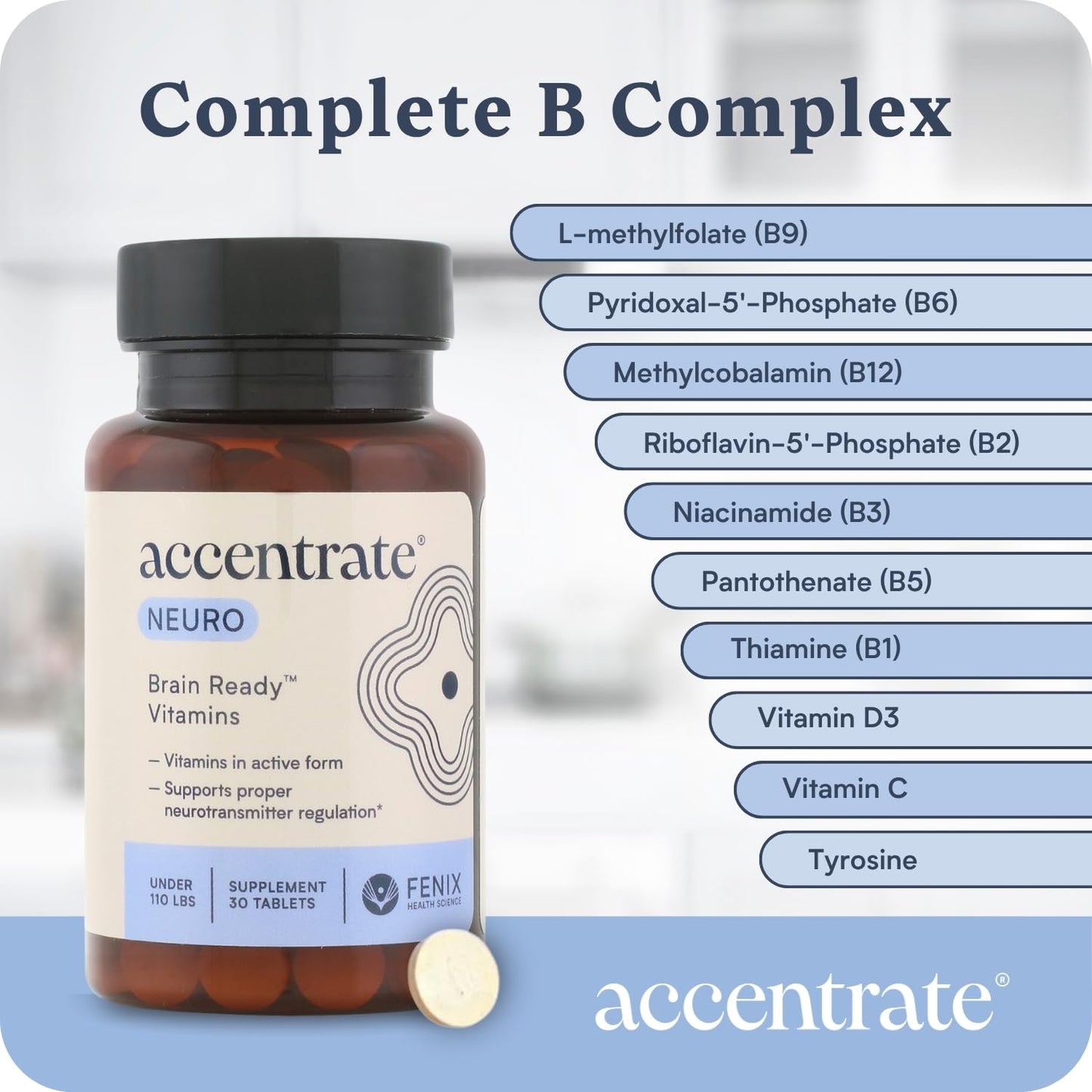 Accentrate Neuro - Brain Health, Methylated Vitamin B Complex, MTHFR | Every B vitamin already in its active form, so your body does not have to convert it first. Supports focus and mood.