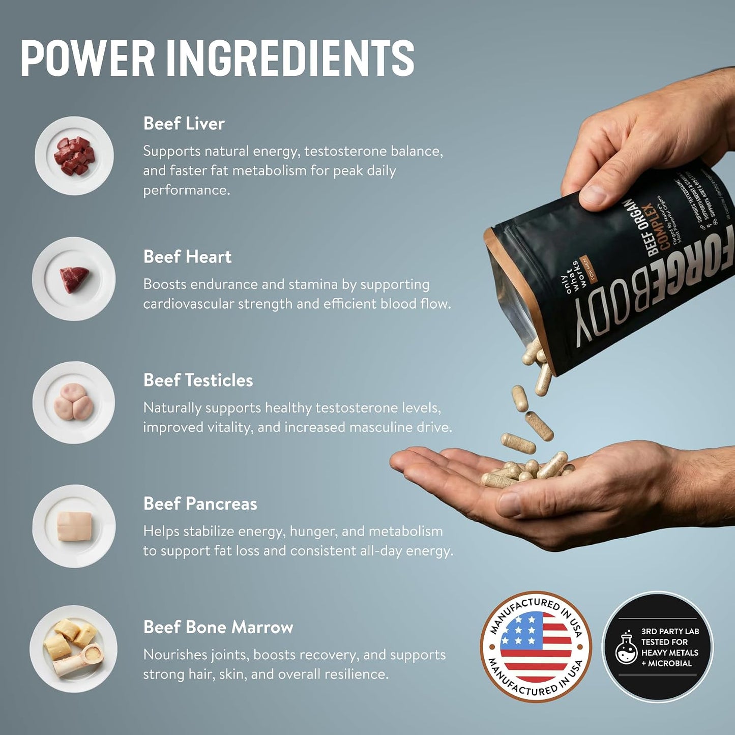 Forgebody Beef Liver & Organ Complex, Grass-Fed 5-Organ Supplement, 1 Month | Grass-fed beef liver, heart, bone marrow, pancreas, testicles, freeze-dried, non-GMO, ancestral nose-to-tail nutrition