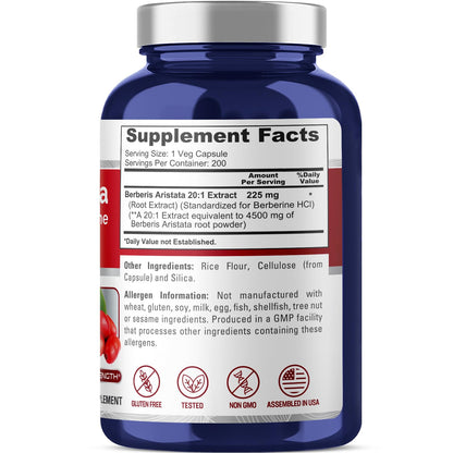 NusaPure Berberine HCI 4500 mg - 200 Veggie Caps - 6 Months Supply - (100% Vegetarian