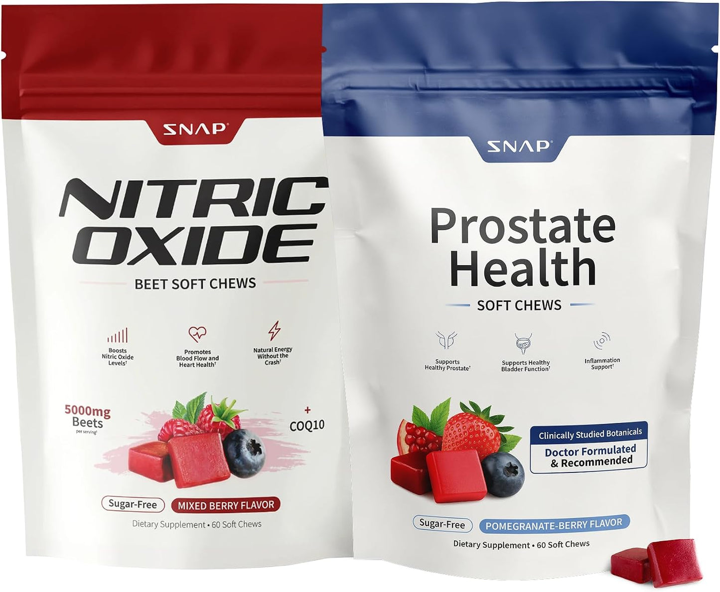 Snap Supplements Prostate Health + Nitric Oxide Bundle, 60 Soft Chews Each | Plant Sterols, Stinging Nettle Root & Reishi Mushroom + Beet Root Natural Chews, Pomegranate-Berry + Mixed Berry Flavors