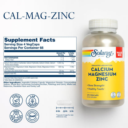 SOLARAY Calcium Magnesium Zinc Supplement - with Calcium 1000mg, Magnesium 500mg - Bone Health, Muscle Function, Heart Health and Immune Support - Vegan, 60 Day Guarantee, 68 Servings, 275 VegCaps