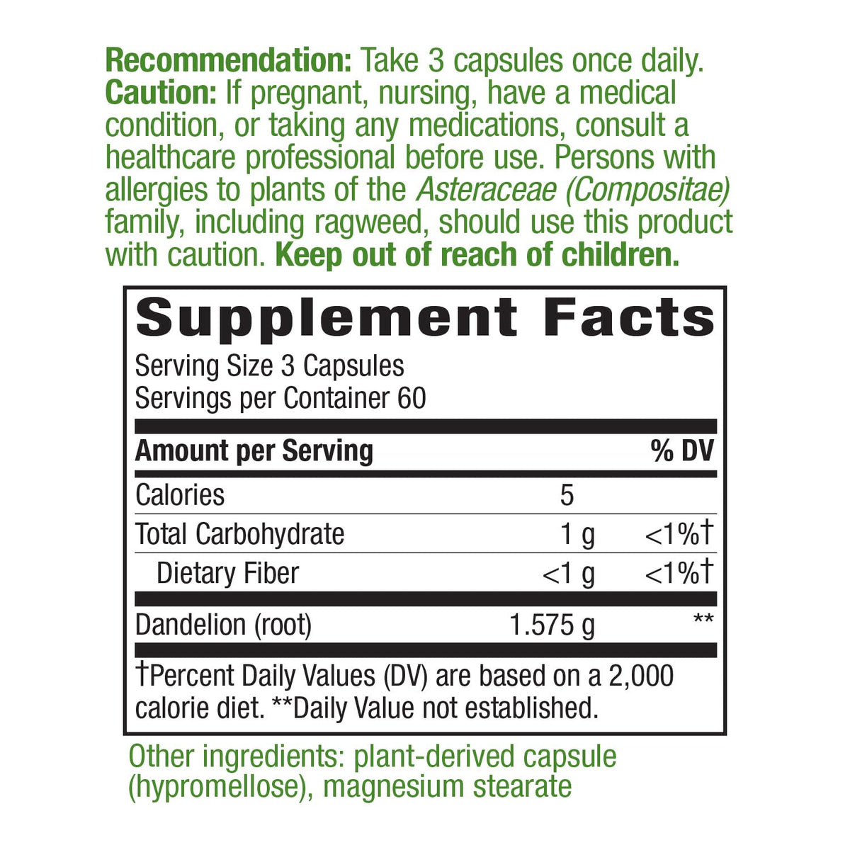 Nature's Way Dandelion Root Diuretic Herb* 525 mg per Capsule Non-GMO