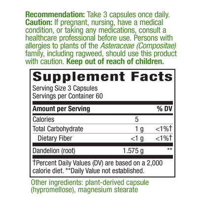 Nature's Way Dandelion Root Diuretic Herb* 525 mg per Capsule Non-GMO