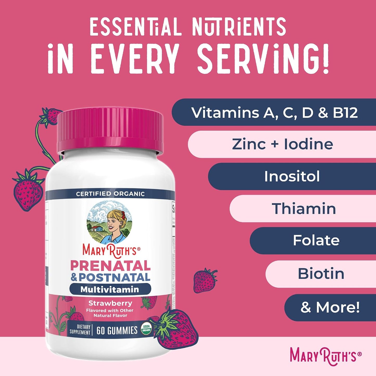MARYRUTH'S Organics Prenatal Vitamins for Women | USDA Organic Prenatal Gummies | Postnatal Vitamins for Women Breastfeeding | Methylfolate 800 mcg DFE | Iodine | Vegan | Non GMO | 30 Servings