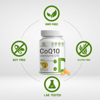 CoQ10 100mg, 240 Capsules – with Omega 3 Fatty Acid 100mg – Bioavailable Coenzyme