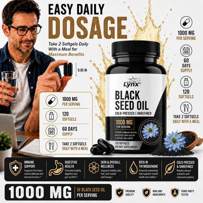 Leaping Lynx Black Seed Oil 1000mg – Cold-Pressed Nigella Sativa Softgels for Immune, Heart, Joint & Skin Health | 120 Softgels (60-Day Supply) | Non-GMO, Cold Pressed Black Cumin Seed Oil