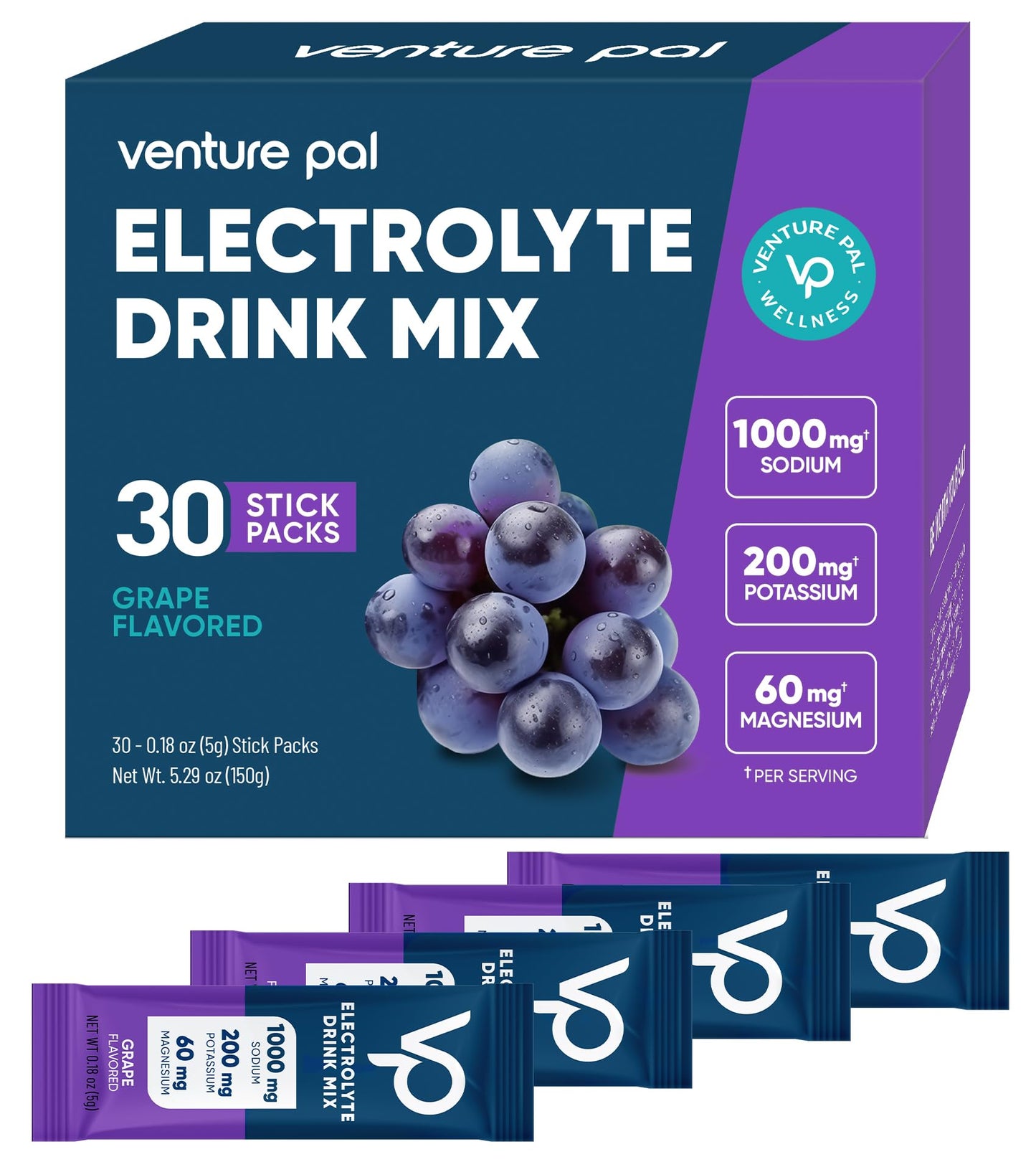 Venture Pal High Sodium Sugar-Free Electrolytes Powder Packets, 16 Sticks | Hydration Packets with Sodium, Potassium & Magnesium, Zero Calories, Keto, Vegan, and Paleo Friendly