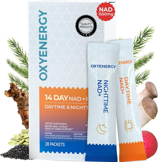 OxyEnergy NAD Supplement 1550 mg-Daytime Nicotinamide Riboside + Nighttime L-Tryptophan with Resveratrol, Glutathione, PQQ, 24-Hour Nonstop Energy, Anti-Aging & Cellular Renewal, 28 Packets