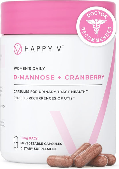 Happy v Dr. Formulated D-Mannose with Cranberry Pills for Women Cranberry for Urinary Tract infections & D Mannose Powder for UTI Infection Prevention, Bladder & Urinary Tract Health & Harmony