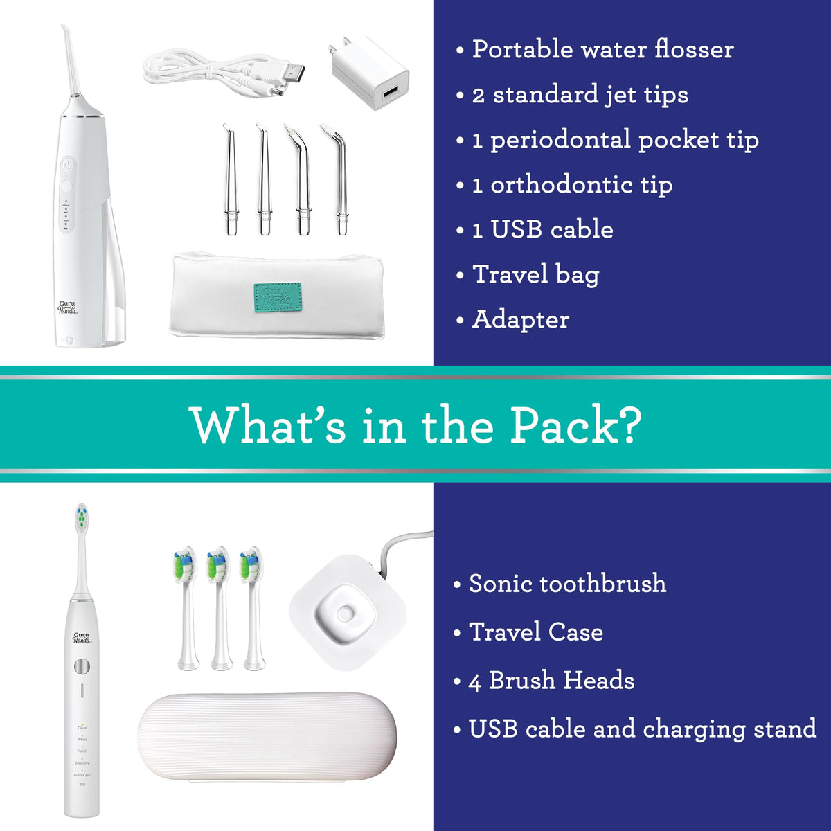 GuruNanda Lion & Lamb Kit (White) - Portable Water Flosser (300ml) with 4 Jet Tips & 5000