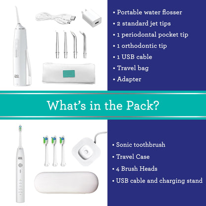 GuruNanda Lion & Lamb Kit (White) - Portable Water Flosser (300ml) with 4 Jet Tips & 5000