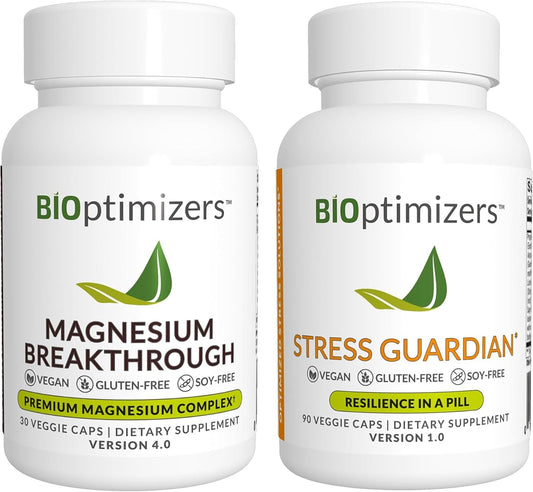 BiOptimizers Magnesium Breakthrough 4.0, (30 Capsules) & Stress Guardian, (90 Capsules) - Natural Sleep, Brain, and Stress Support Supplement Bundle