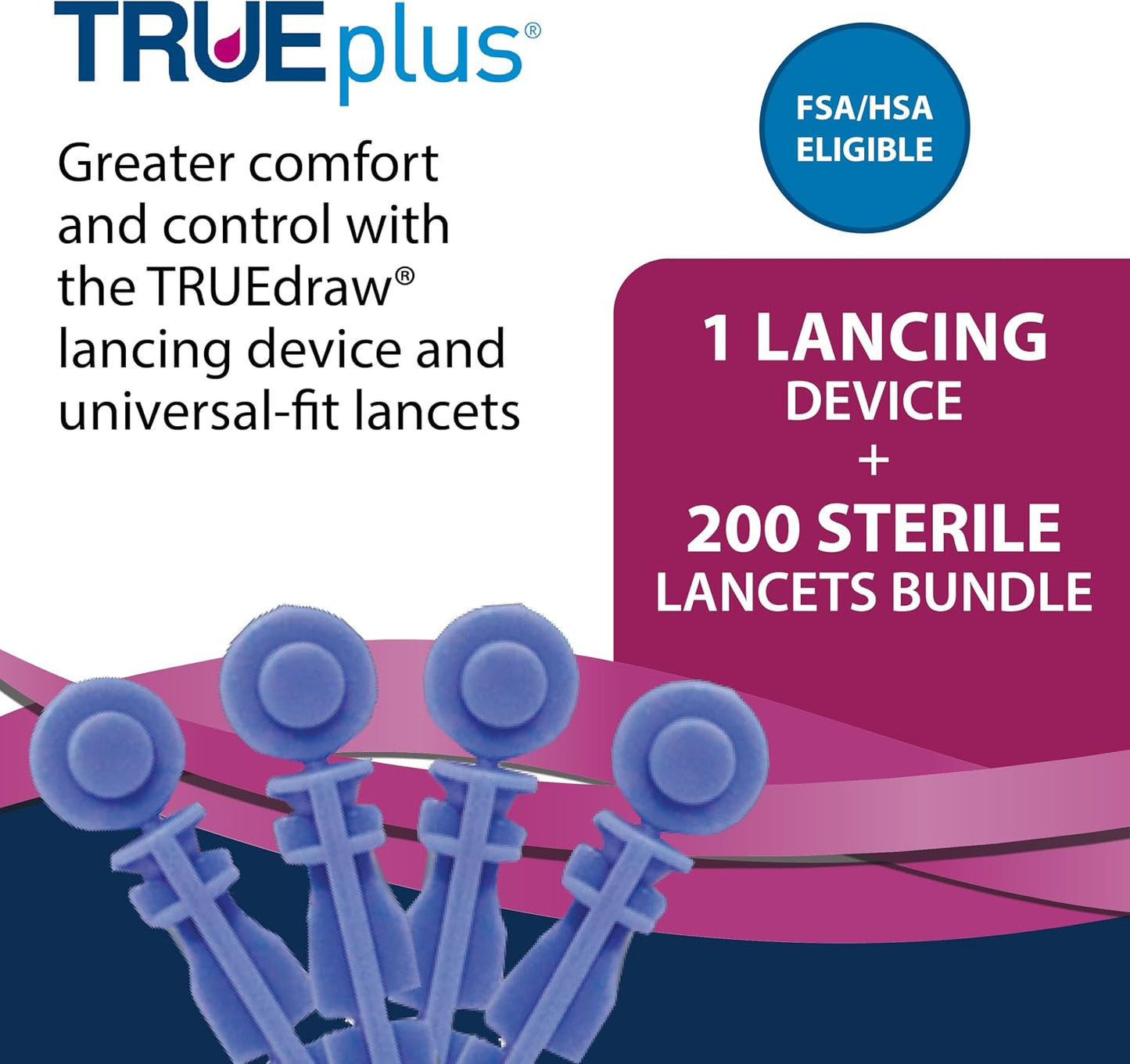 TRUEplus Lancets Bundle (30G), 200 Lancets, Lancing Device, Log Book | Blood Glucose Testing Supplies for Home Use, Includes 200 Sterile 30G Lancets (2 x 100ct), Lancing Device, Log Book