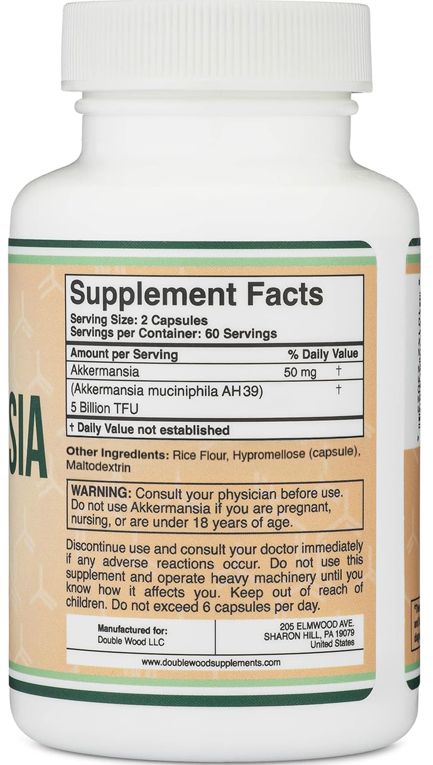 Akkermansia Probiotic and Postbiotic (Increases GLP-1 Production) 120 Capsules, 50mg per Serving (Third Party Tested to 5 Billion TFU per Serving, 50 Billion CFU per Gram) by Double Wood