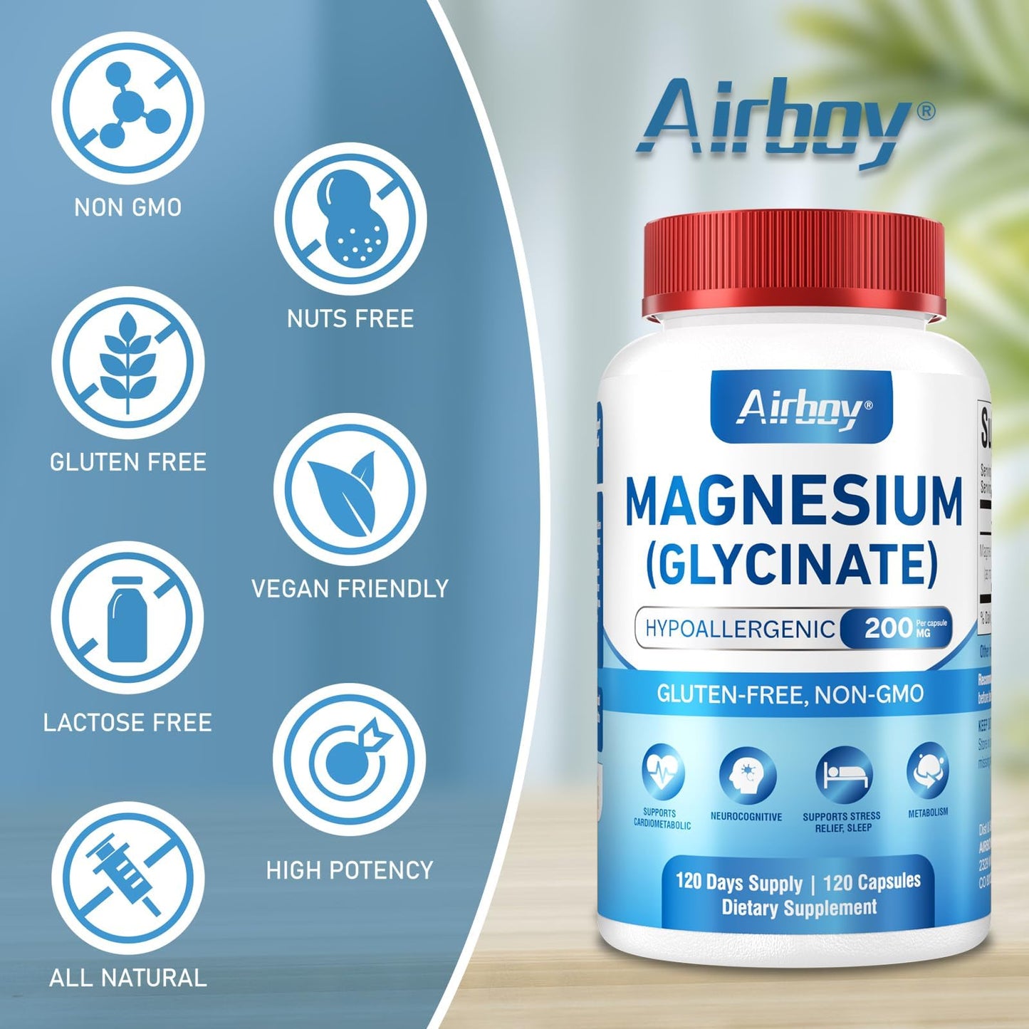 Airboy Magnesium Glycinate 200 mg, Best Magnesium Glycinate for Sleep,120 Vegan Small Capsules, High Absorption Support Relaxation, Sleep and Calm Mood,Non-GMO and No Gluten