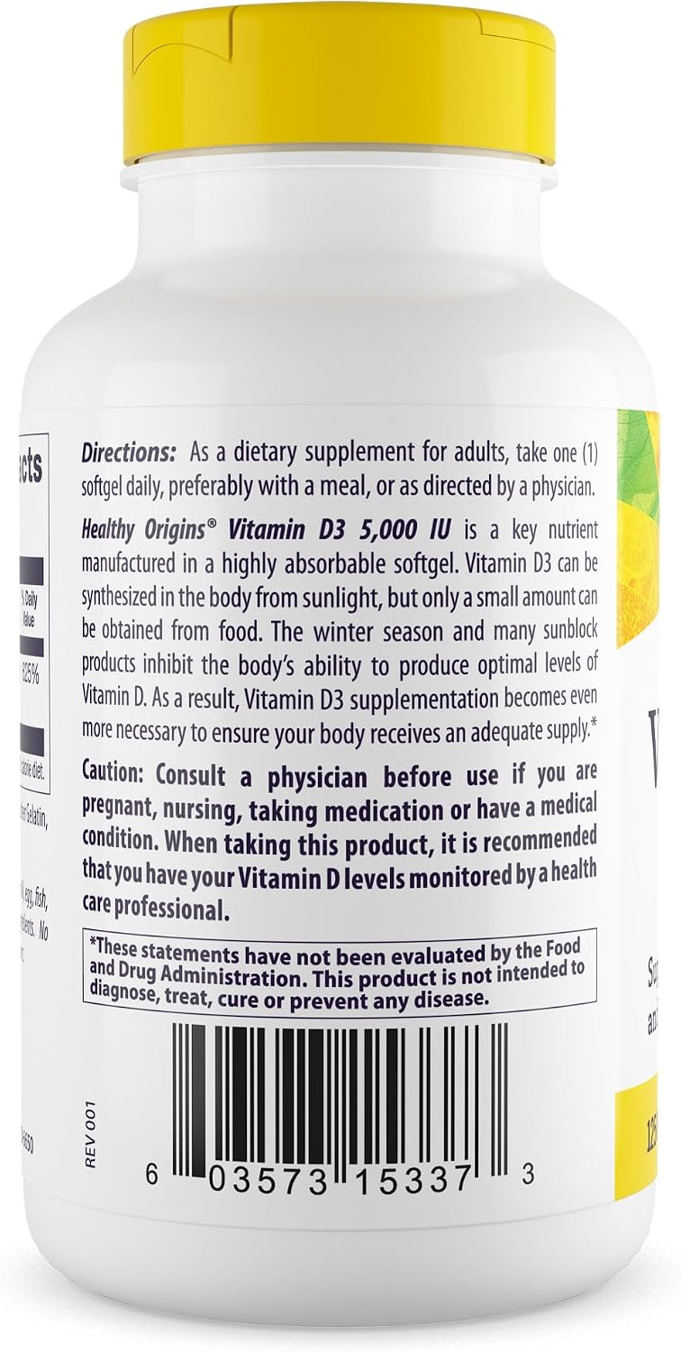 Healthy Origins Vitamin D3 5,000 IU, Lanolin, 360 Softgels