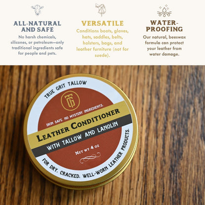 True Grit Tallow Leather Conditioner - Grass-Fed Beef Tallow and Lanolin with Cedar Oil - for Boots, Car Seats, Furniture, Bags, Saddles and Jackets, 4 oz