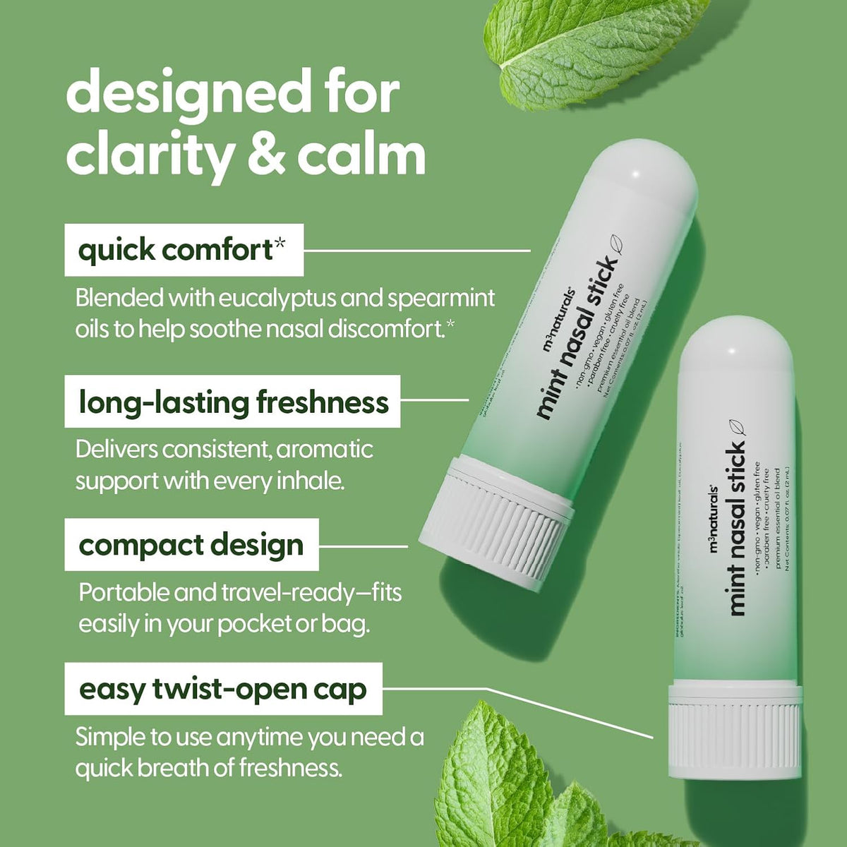 Mint Nasal Stick, Nasal Inhaler, Essential Oil Aromatherapy, 4 Sticks by M3