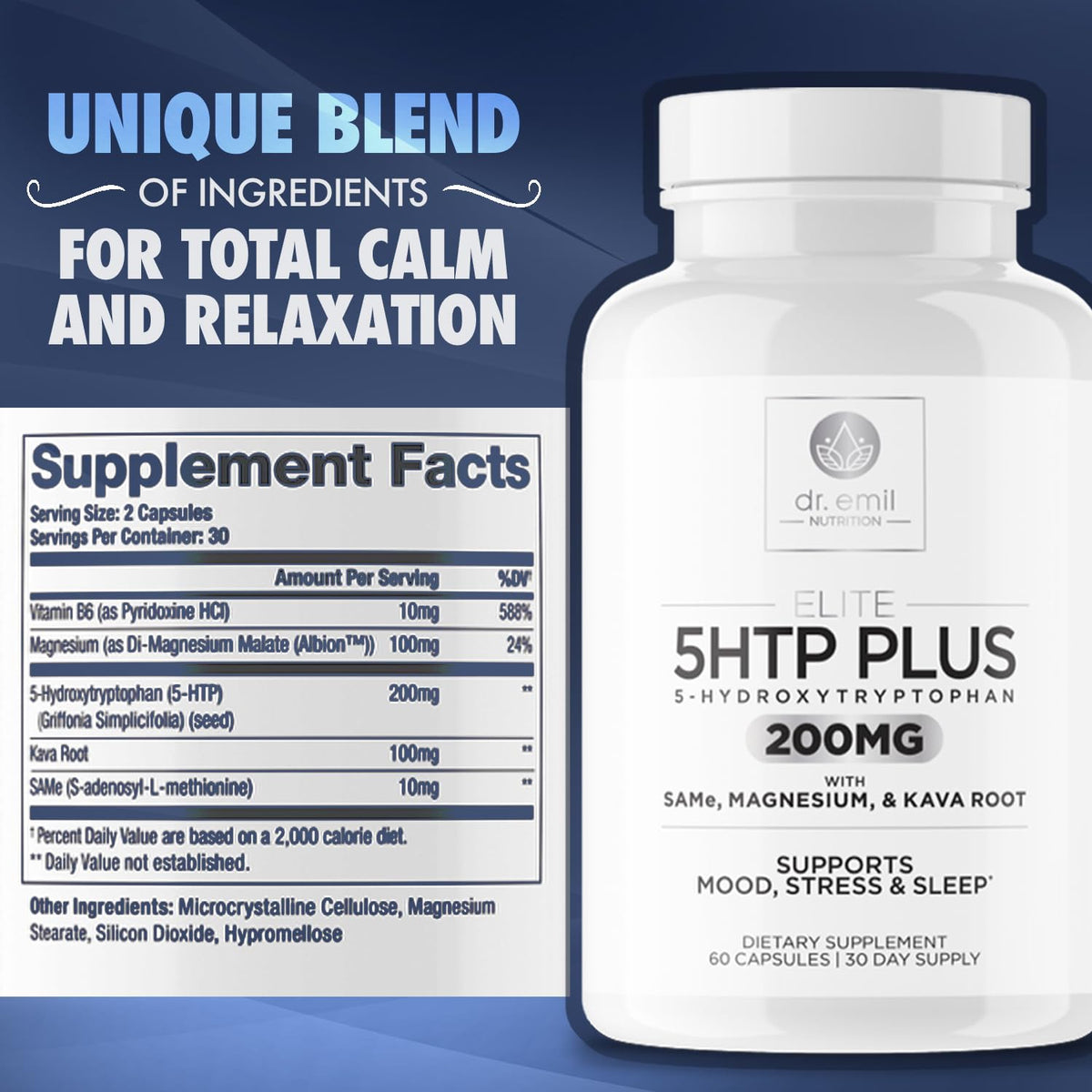 200 MG 5-HTP Elite with Kava Root Extract, Magnesium & SAM-e to Maintain Normal