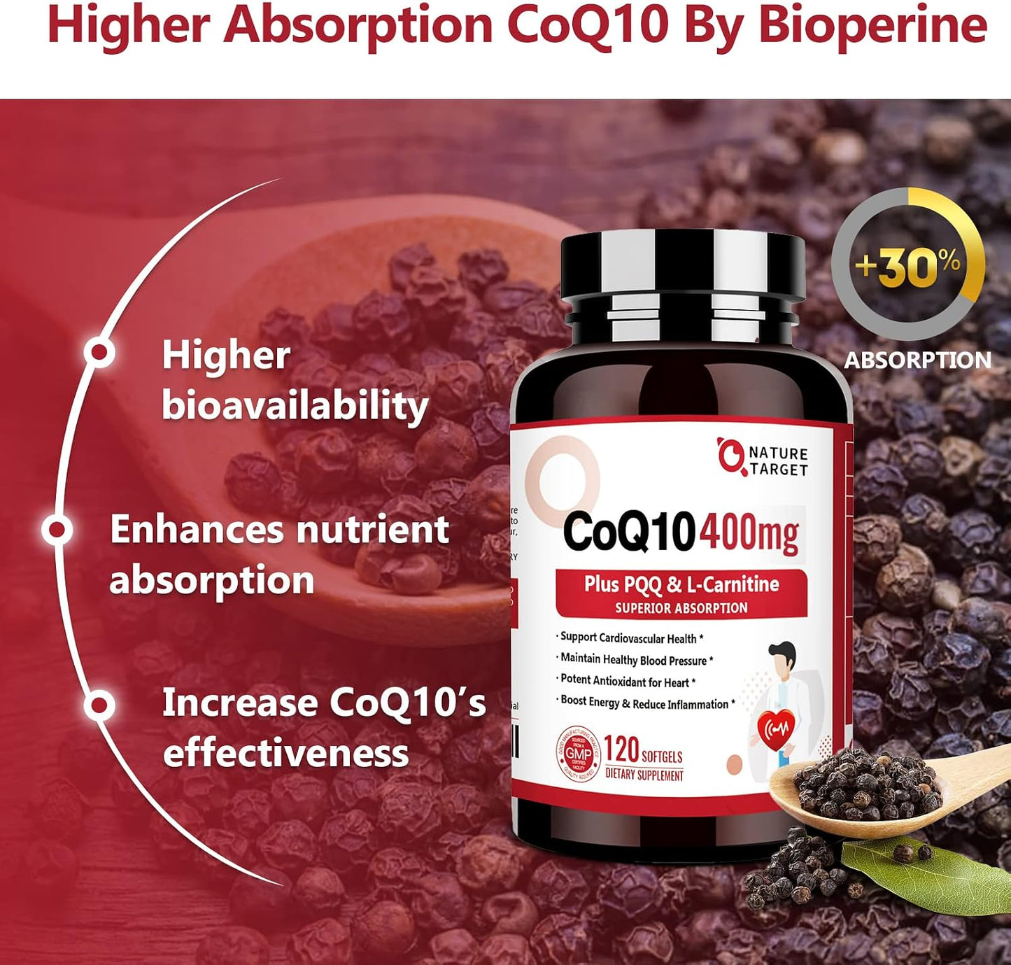 NATURE TARGET CoQ10-400mg with PQQ, Omega-3s & L-Carnitine, 120 Servings | High Absorption Coenzyme Q10 with BioPerine, Supports Heart, Brain, Immune System, Energy Production