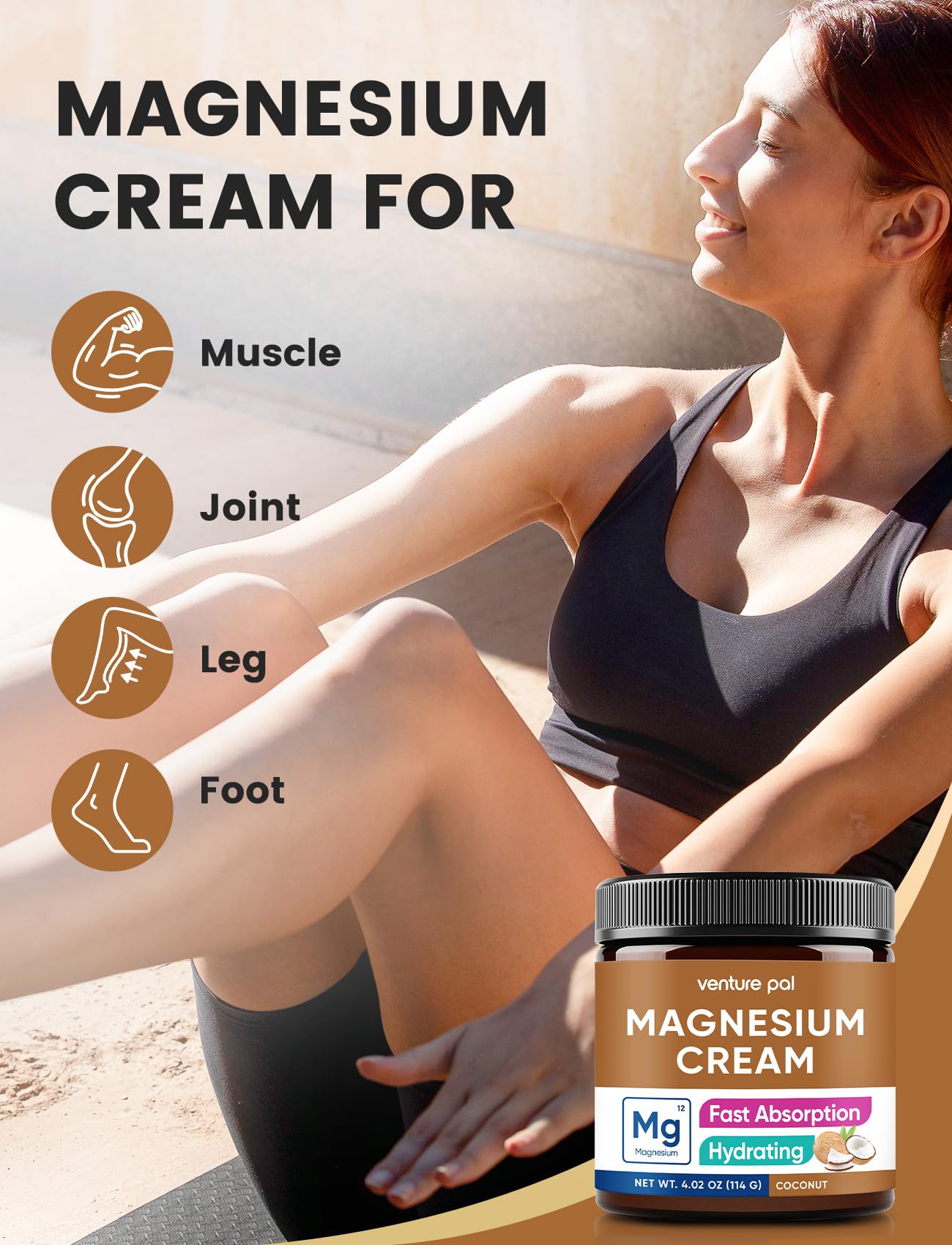 Venture Pal Topical Magnesium Cream, Highly Concentrated Magnesium Lotion | Fast-Absorbing Magnesium Moisturizing Cream with Coconut Oil, Shea Butter & Hyaluronic Acid; Suitable for Kids