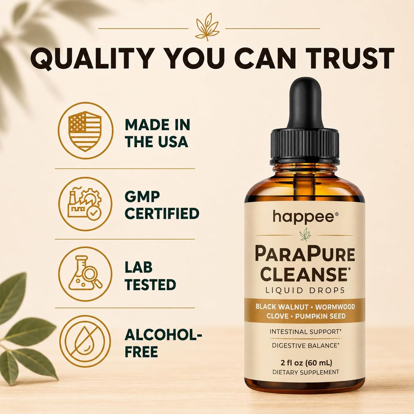 Happee ParaPure Cleanse for Humans Wormwood Black Walnut Clove 2 Fl. Oz | All-in-One Herbal Liquid Drops - Detox Support, Intestinal Guard, Gut Health & Microbiome Support, 60 Day Supply
