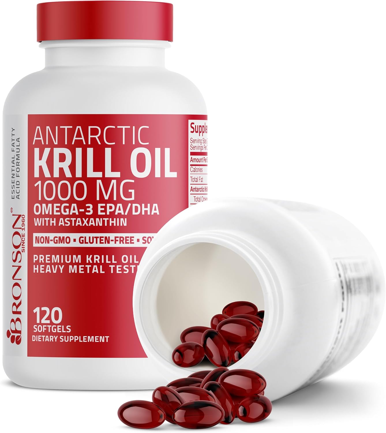 Bronson Antarctic Krill Oil 1000 mg with Omega-3s, 120 Softgels | Heavy Metal Tested, with EPA, DHA, Astaxanthin and Phospholipids, Non-GMO, Gluten Free, Soy Free