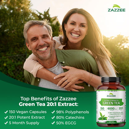 Zazzee Extra Strength Green Tea 20:1 Extract, 50% EGCG, 98% Polyphenols, 80% Catechins, 150 Vegan Capsules, 5 Month Supply, Certified Kosher, Antioxidant & Metabolism Support, Non-GMO, Made in the USA