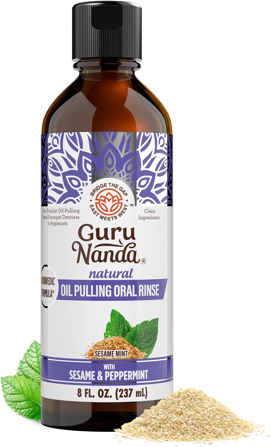 GuruNanda Sesame Oil Pulling Alcohol Free Mouthwash with Peppermint Oil 8oz
