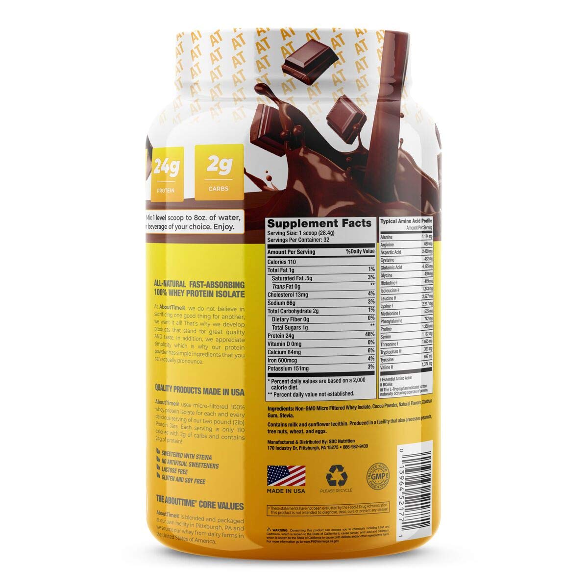 About Time Whey Protein Isolate Chocolate 2lb - 25g Protein, Non-GMO, 0g Fat, 0g Sugars