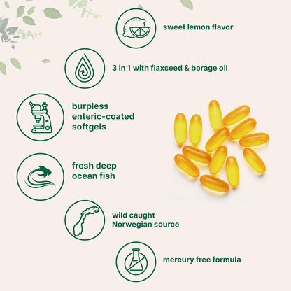 Ultra Omega 3-6-9 3600mg Per Serving, 300 Burpless Softgels | Lemon Flavor – Blend of Fish, Flaxseed, Borage Oils | Bioavailable Source, Non-GMO, No Gluten, Mercury Free