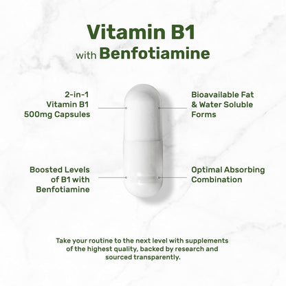 DEAL SUPPLEMENT Vitamin B1 500mg with Benfotiamine, 240 Capsules – 2 in 1 Enhanced Formula – Fat & Water Soluble Thiamine B1 Supplement – Third Party Tested, Non-GMO, No Gluten