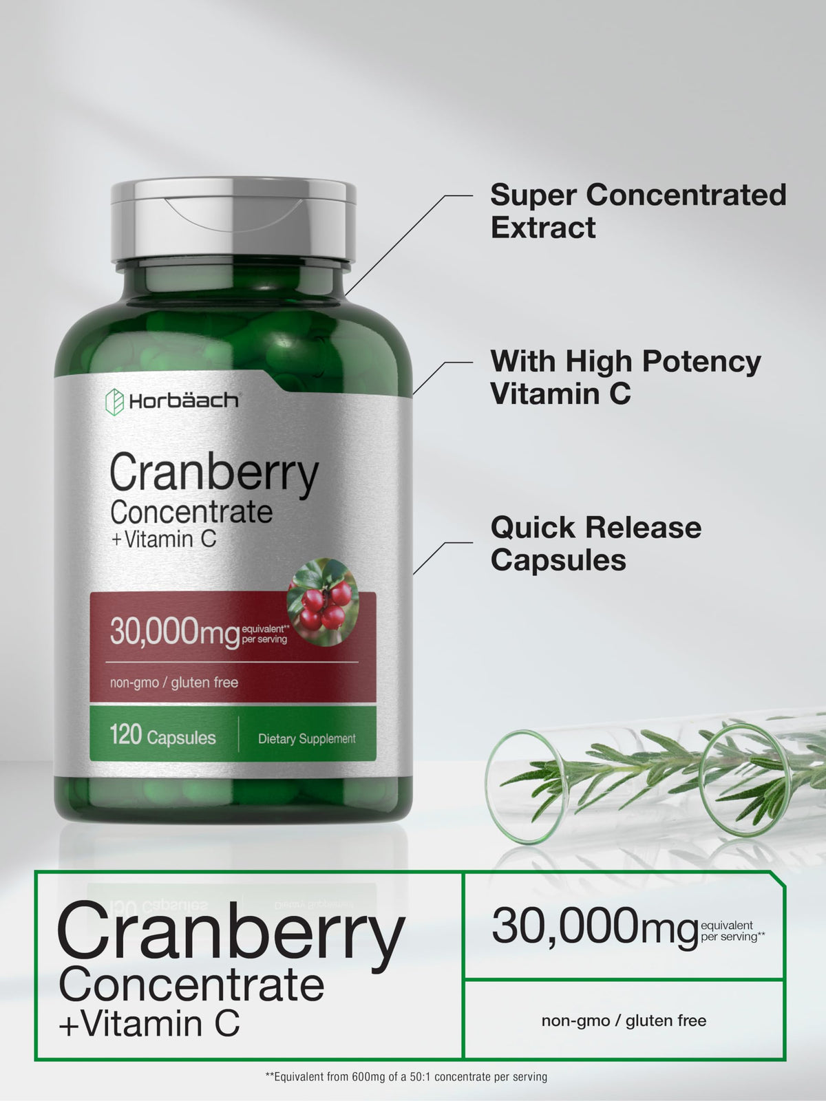 Horbaach Cranberry Concentrate Extract Pills + Vitamin C | 30,000mg | 120 Capsules