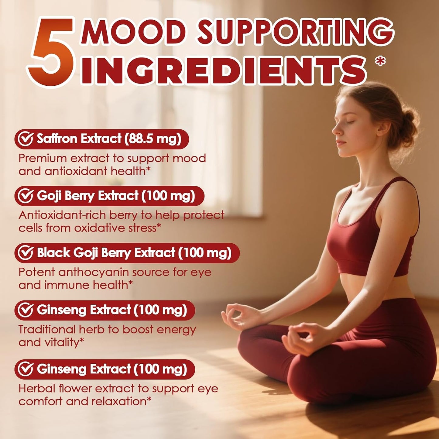 Migcopat Happy Saffron Supplement 2 Pack, 5 in 1 Saffron Capsules with Ginseng, Goji Berry & Chrysanthemum – Supports Memory, Focus, Mood, Energy, Emotional Balance & Eye Health