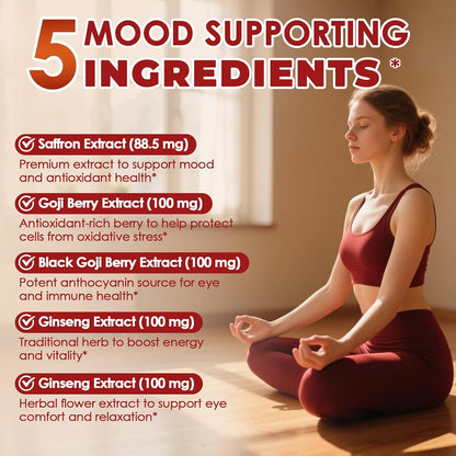 Migcopat Happy Saffron Supplement 2 Pack, 5 in 1 Saffron Capsules with Ginseng, Goji Berry & Chrysanthemum – Supports Memory, Focus, Mood, Energy, Emotional Balance & Eye Health
