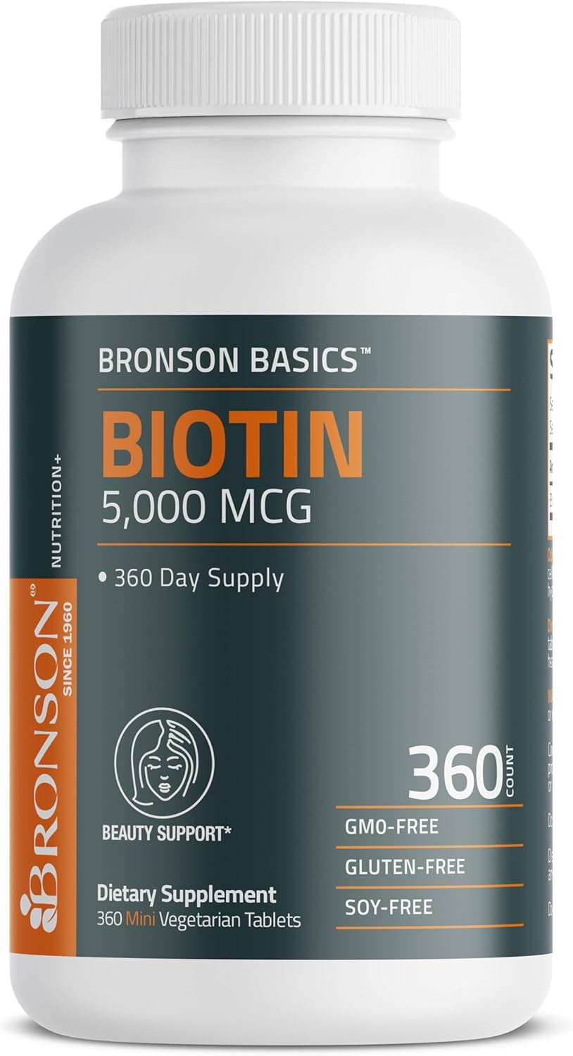 Bronson Biotin 5,000mcg Hair Skin and Nails Vitamins, 360 Tablets | Vegetarian Beauty Support, Non-GMO, Gluten-Free, Soy-Free, Supports Healthy Hair, Skin and Nails