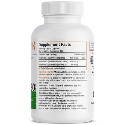 Vitamin K Triple Play (Vitamin K2 MK7 / Vitamin K2 MK4 / Vitamin K1) Full Spectrum Complex Vitamin K Supplement, 180 Capsules