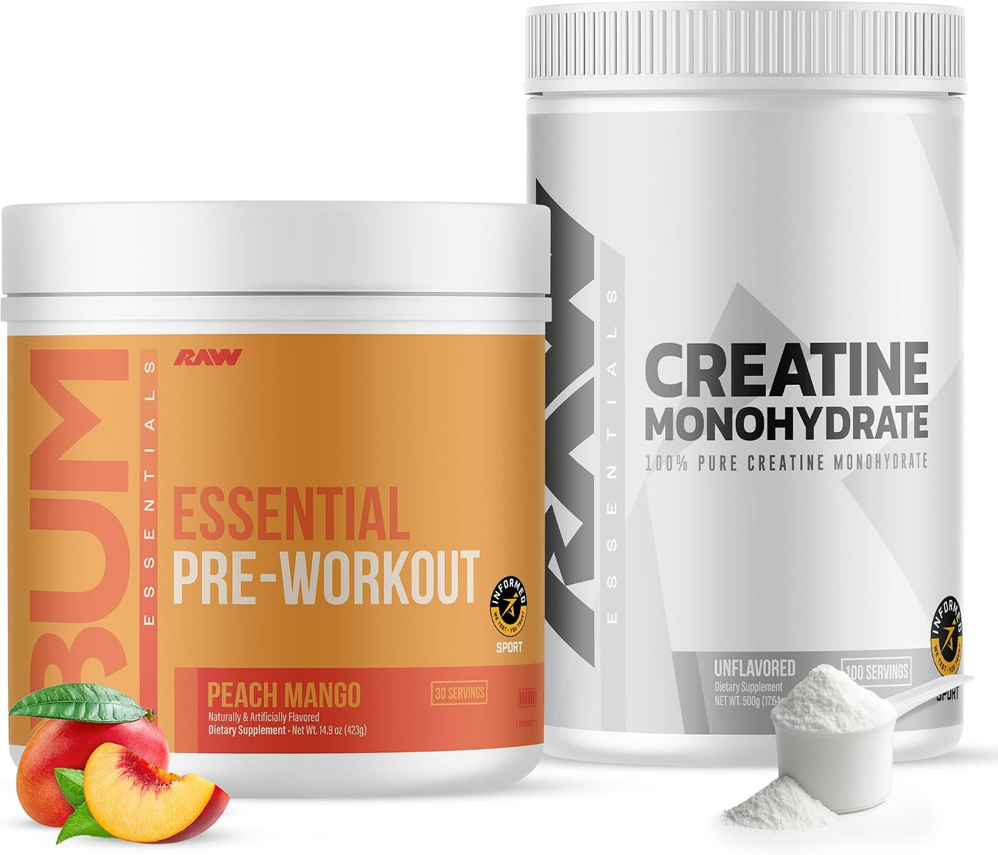 RAW Nutrition Creatine Monohydrate & Peach Mango Pre-Workout Powder Bundle