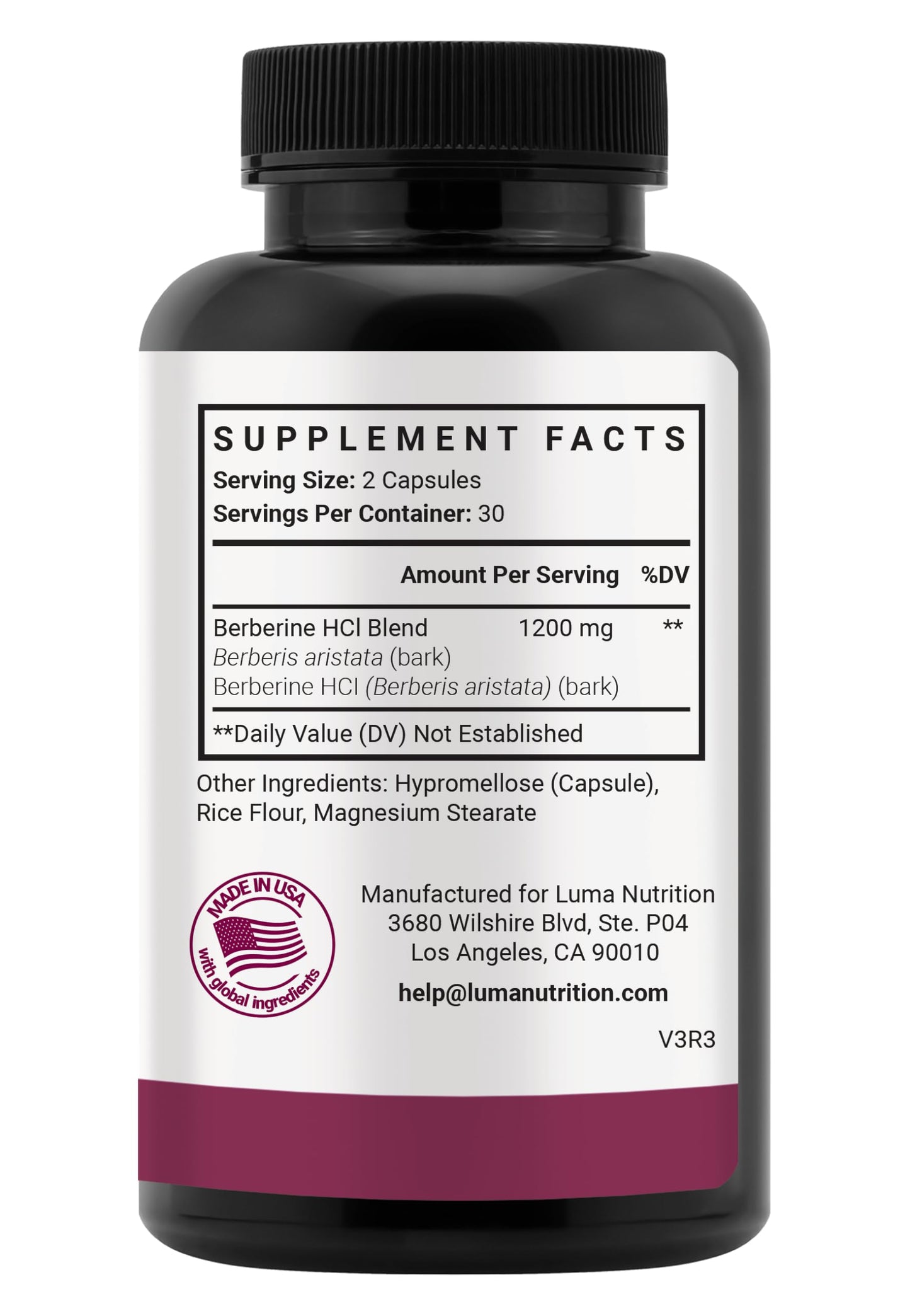 Luma Nutrition Pure Berberine Supplement - Berberina 1200mg - 60 Capsules