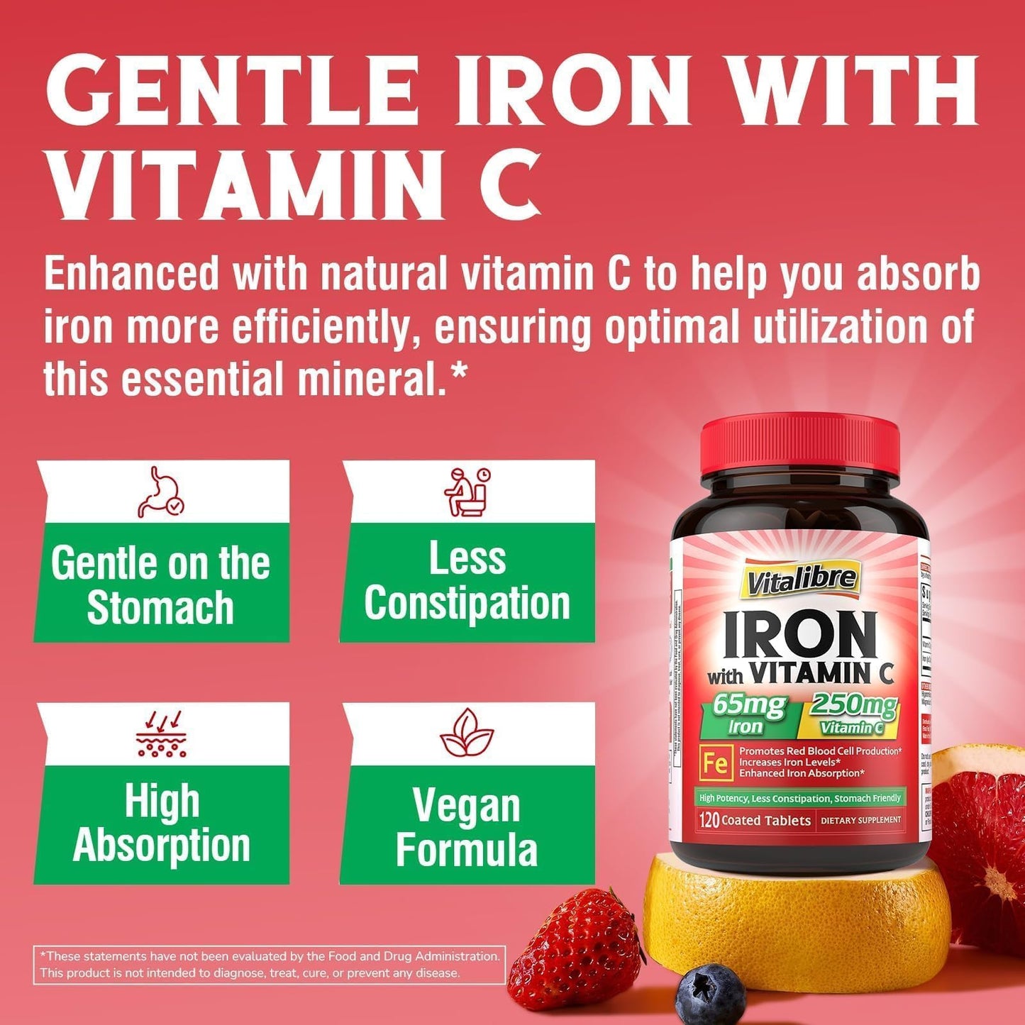 Iron Supplement, 65mg Carbonyl Iron with 250mg Vitamin C, Stomach Friendly | Iron Pills for Blood Building Women & Men, High Absorption, No Nausea, No Constipation, Non-GMO, No Gluten, 60 Vegan Tabs