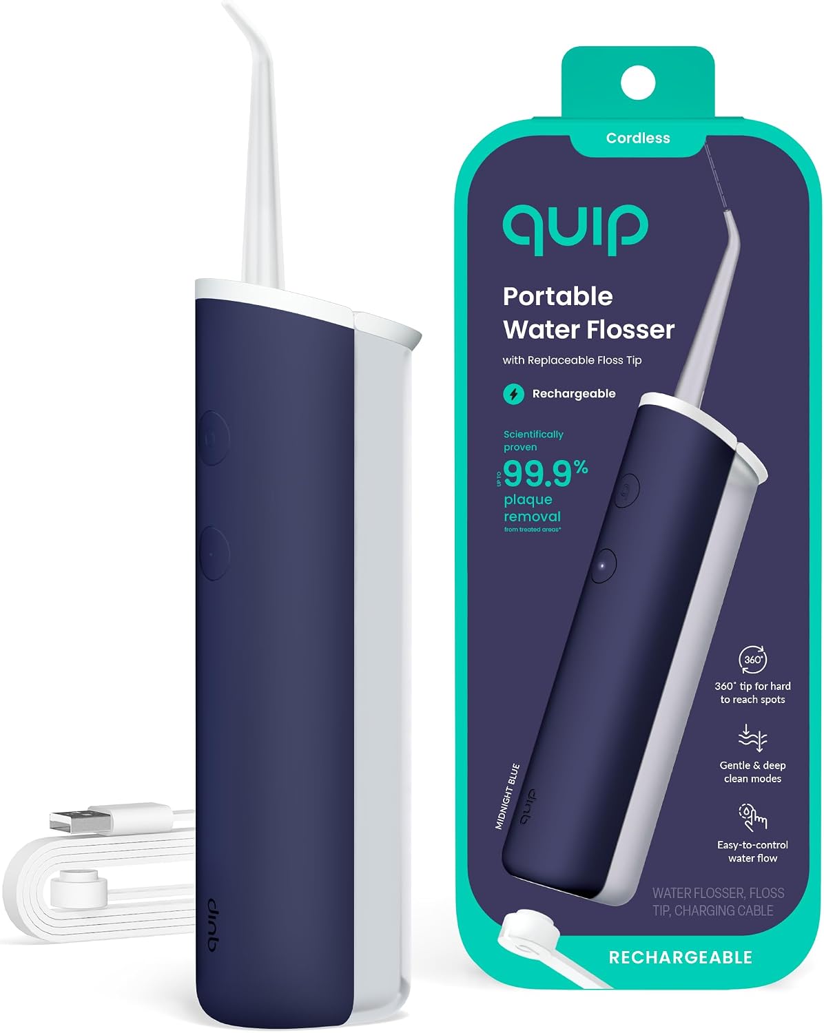 quip Water Flosser with Replacement Tip Cordless Dental Pick, Midnight Blue