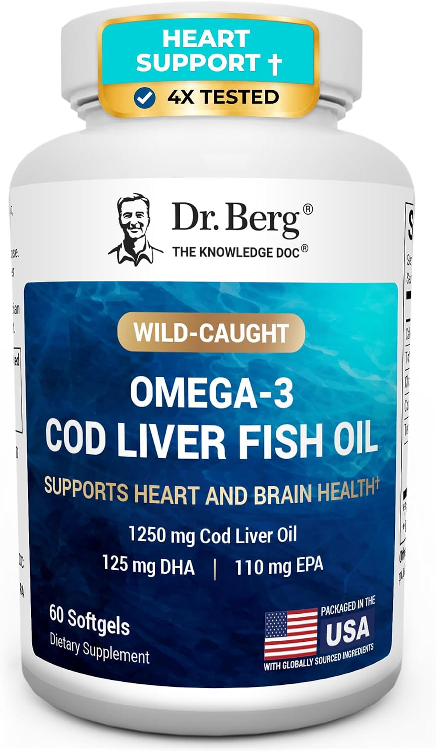 Dr. Berg Omega-3 Cod Liver Fish Oil 60 Softgels – Wild-Caught Icelandic Cod – Omega 3 EPA & DHA – Heart, Brain, Immune & Eye Support* – Lemon Flavor – 4X Lab-Tested – Non-GMO, No Fillers