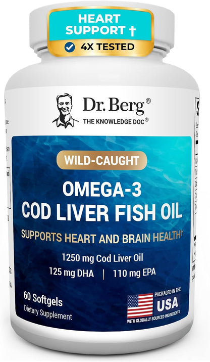 Dr. Berg Omega-3 Cod Liver Fish Oil 60 Softgels – Wild-Caught Icelandic Cod – Omega 3 EPA & DHA – Heart, Brain, Immune & Eye Support* – Lemon Flavor – 4X Lab-Tested – Non-GMO, No Fillers
