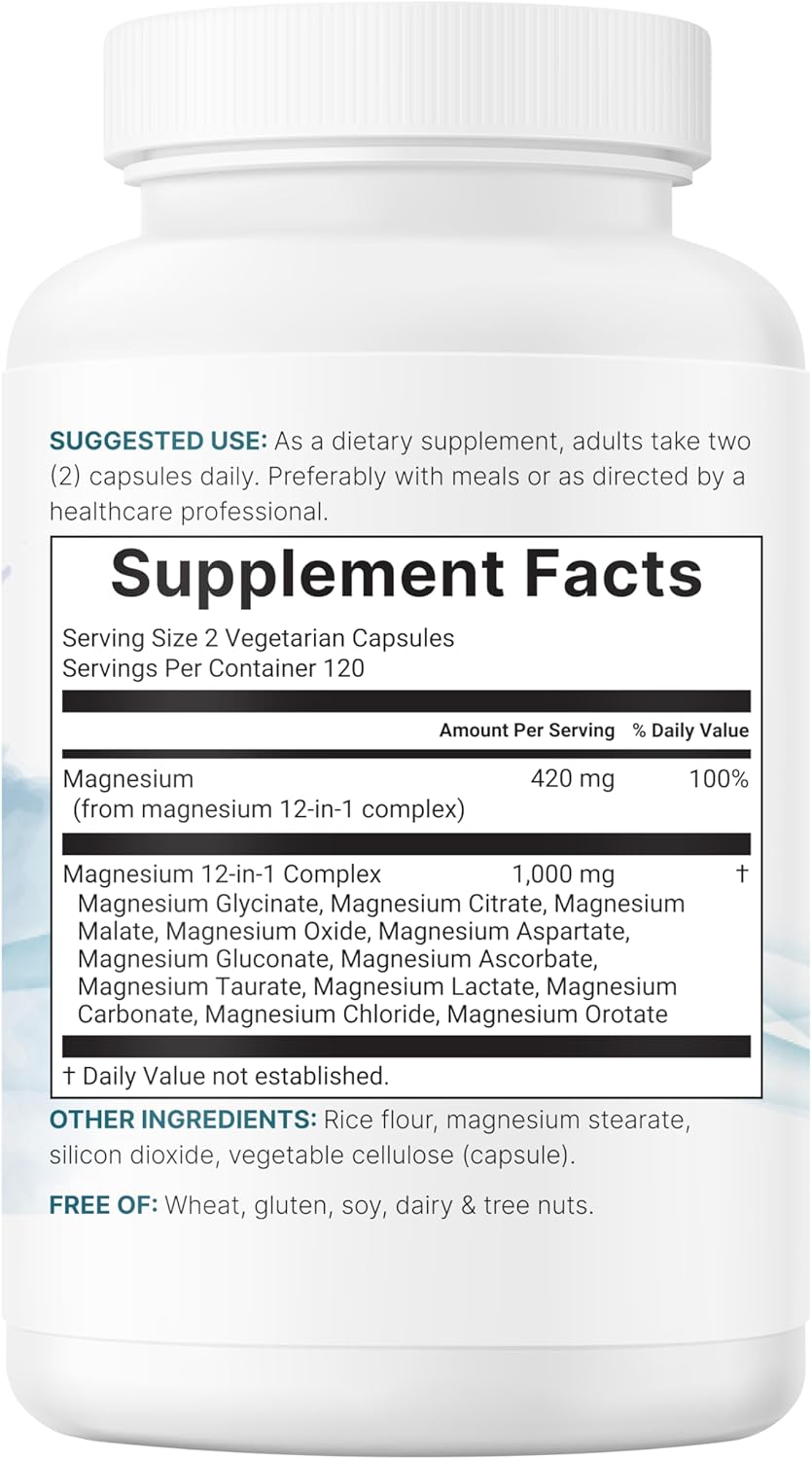 Micro Ingredients 12‑in‑1 Magnesium Complex 1000 mg, 240 Capsules – Magnesium Glycinate, Citrate, Taurate, Malate & More – High Absorption Formula for Men & Women – Chelated & Purified