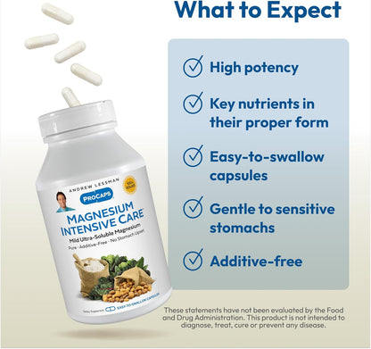 Andrew Lessman ProCaps Magnesium Intensive Care 200 mg 250 Capsules | 200 mg highly absorbable Magnesium blend. Gentle on sensitive stomachs with no additives, sodium or gluten.