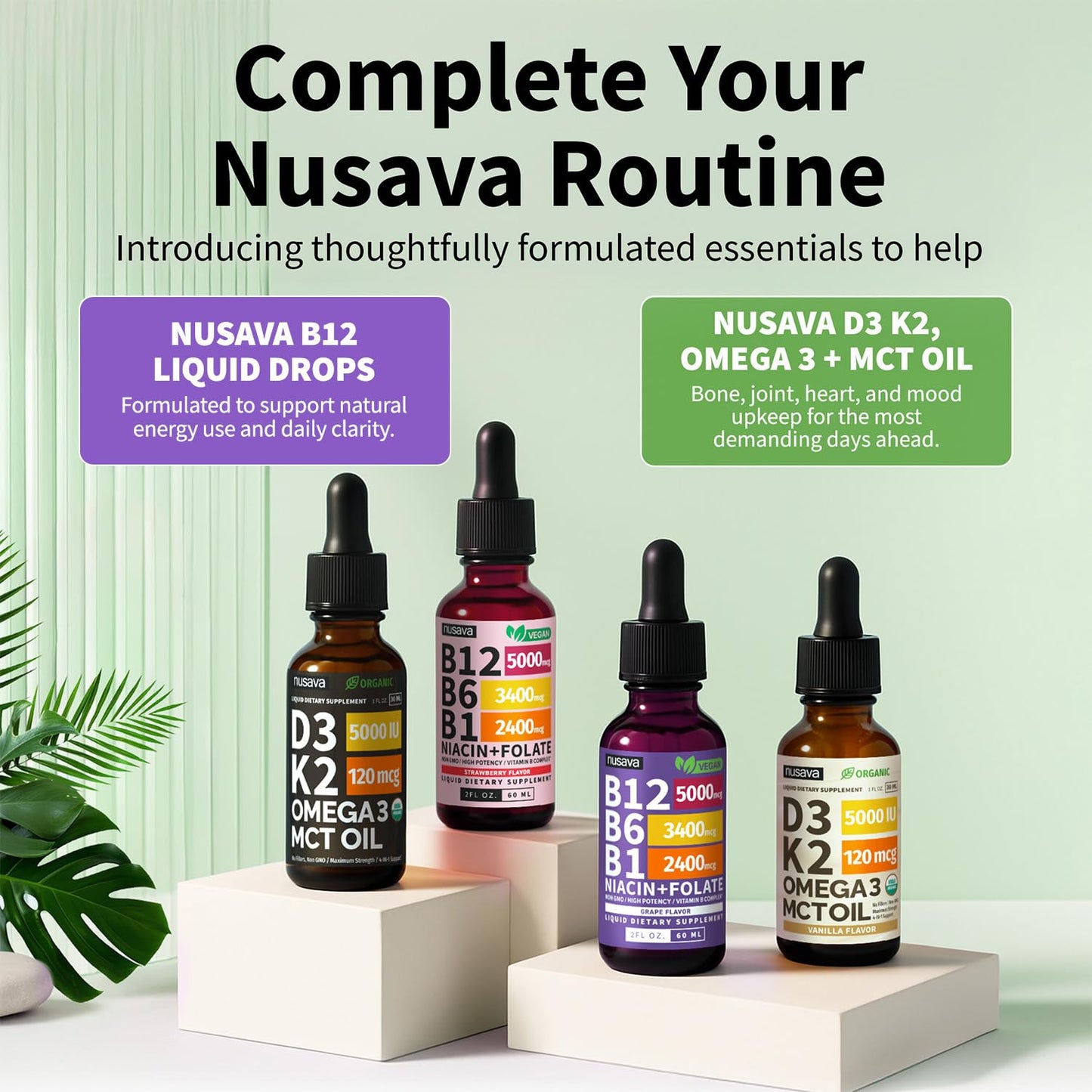 NUSAVA (2 Pack) Vitamin B12 Liquid Drops with B6, B1, Niacin & Folate — B12 Sublingual Vitamin B Complex, Methylcobalamin 5000 mcg, for Energy, Brain & Heart Support, Raspberry Flavor, 80 Servings