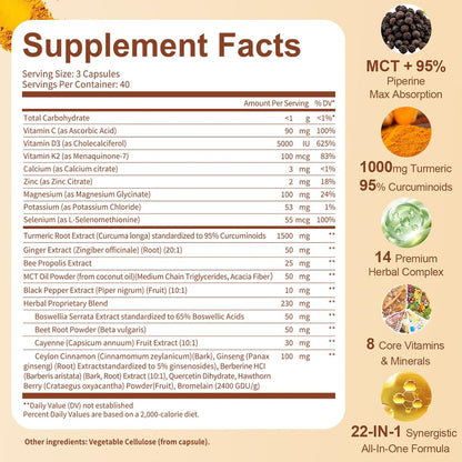 22-in-1 Turmeric Curcumin 2348mg - 95% Curcuminoids with Black Pepper, MCT Oil & Vitamin C - High Absorption Turmeric Curcumin Supplement for Antioxidant, Joint & Immune Support - 120 Capsules