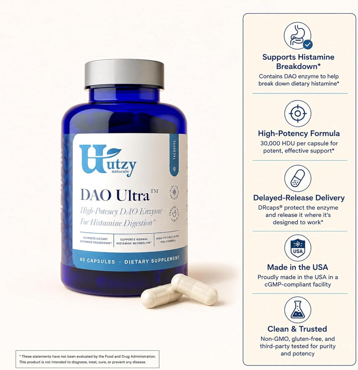 Utzy Naturals DAO Ultra Diamine Oxidase Enzyme Supplement | 60 Capsules